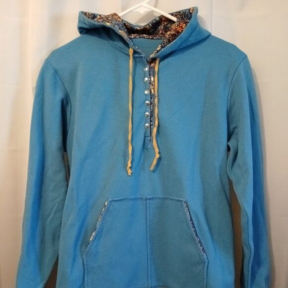 Hawaiian Floral Henley Hoodie Sweatshirt women S Blue Gold contrast Pullover - Picture 2 of 7